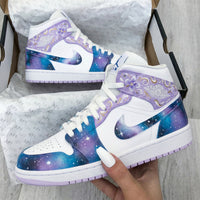 Custom AJ 1s Shoes Floral Galaxy Design Purple Blue