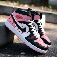Custom AJ 1s Shoes Heart Pattern Baby Pink Black White