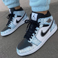 Custom AJ 1s Shoes Light Blue Black Crackle