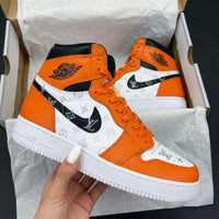 Custom AJ 1s Shoes LV Pattern Orange Black and White