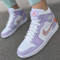 Custom AJ 1s Shoes Paw Print Splatter Swoosh Light Purple Orange