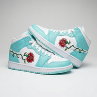 Custom AJ 1s Shoes Rose Embroidery Baby Blue White
