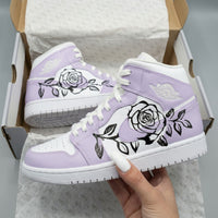 Custom AJ 1s Shoes Rose Pattern White Light Purple