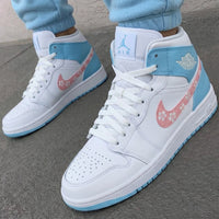 Custom AJ 1s Shoes Sakura Pattern Baby Blue Pink