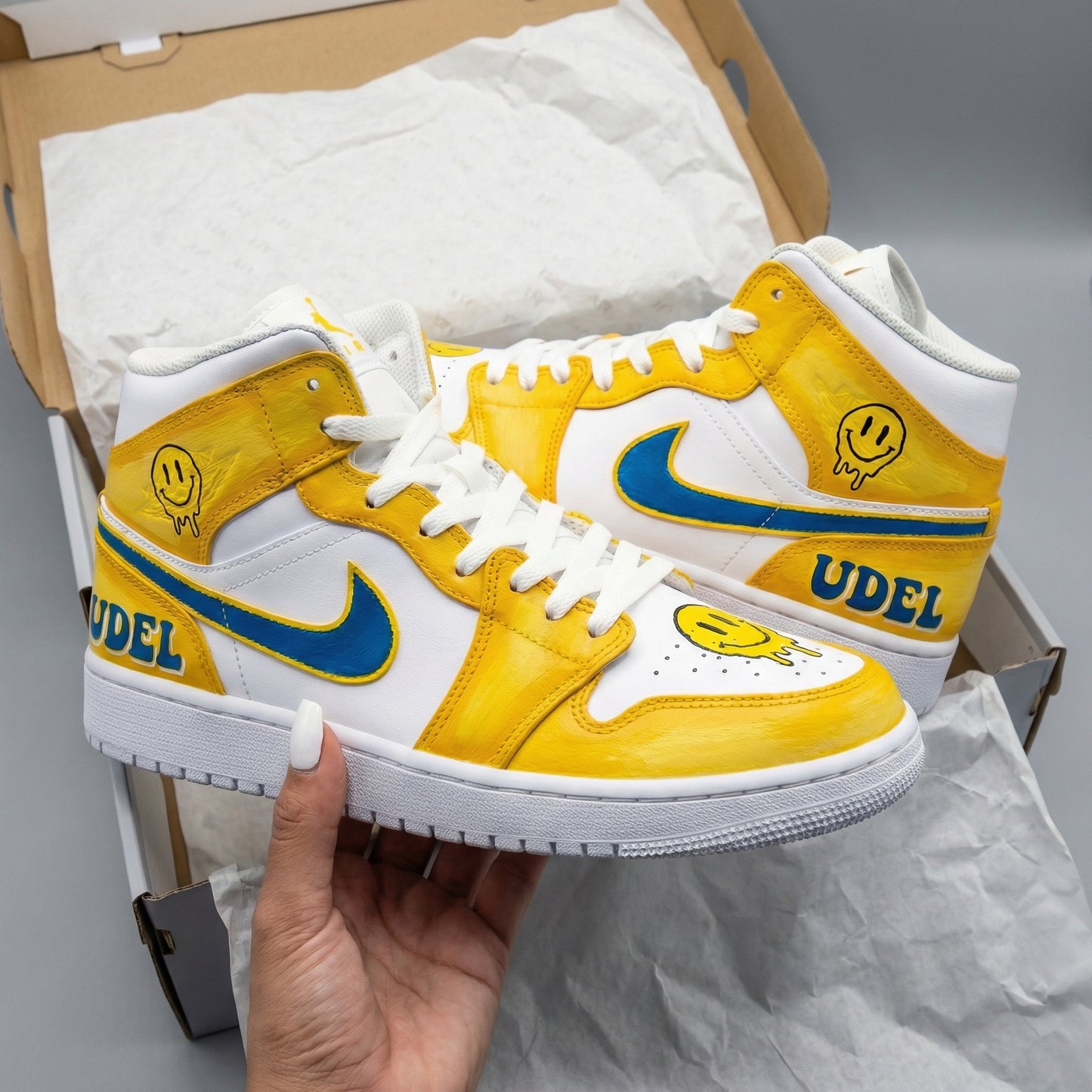 Custom AJ 1s Shoes Smiley Faces UDEL Yellow Blue