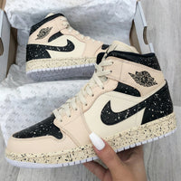 Custom AJ 1s Shoes Speckle Pattern Black Beige