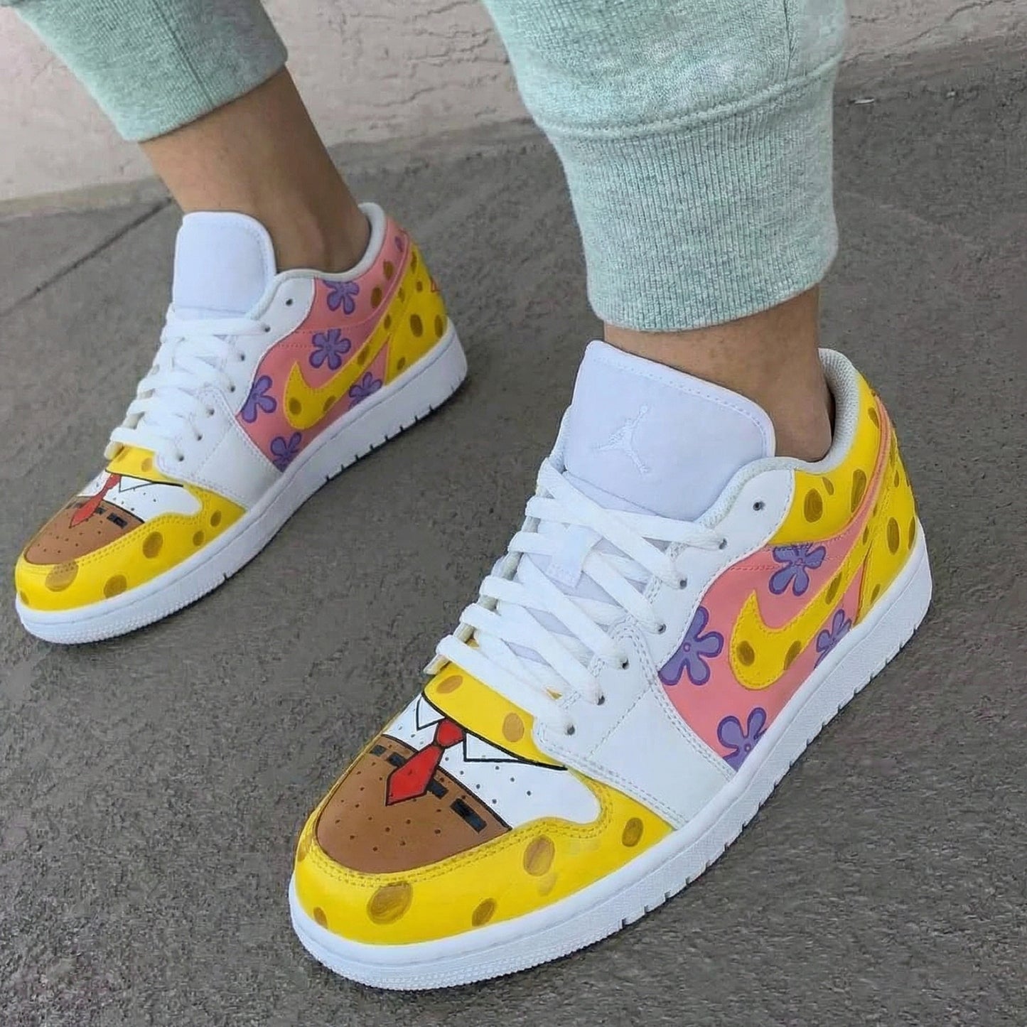 Custom AJ 1s Shoes SpongeBob Themed Purple Flowers Yellow Baby Pink