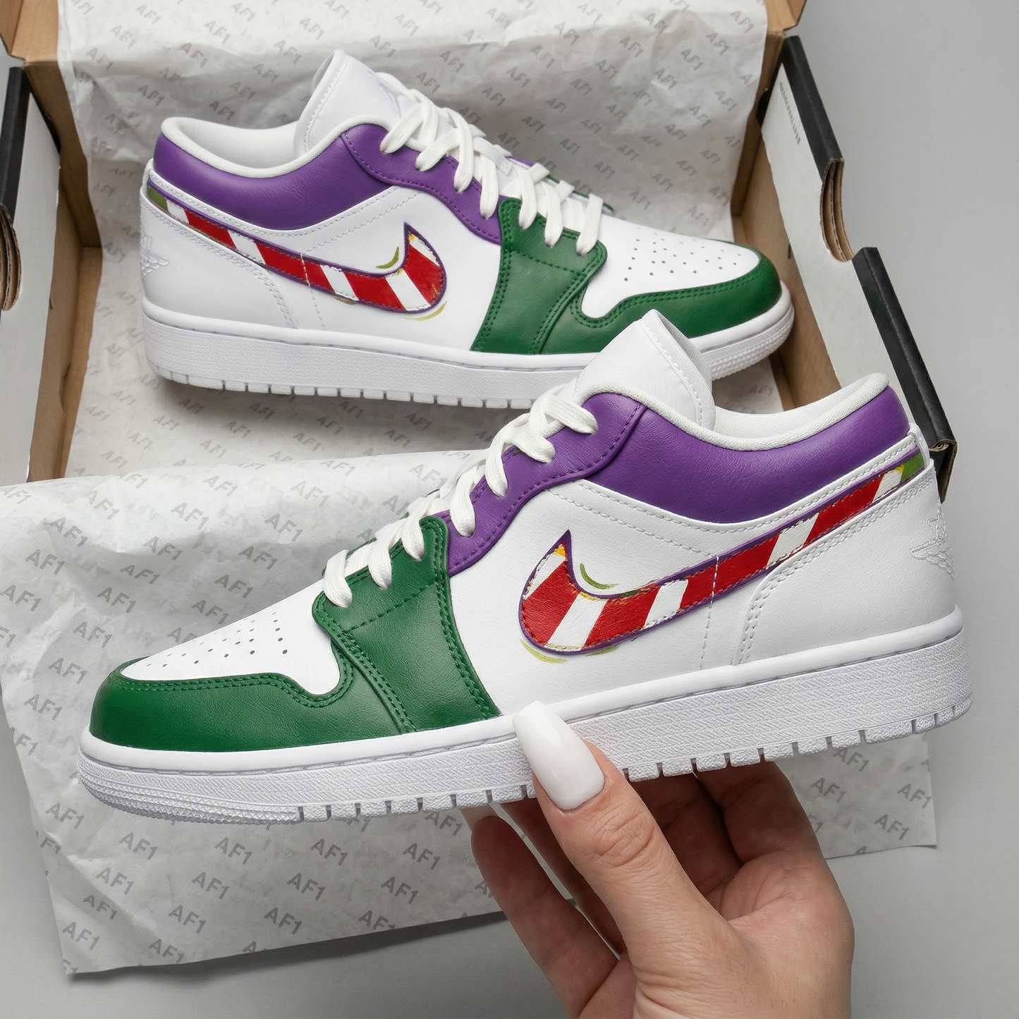 Custom AJ 1s Shoes Striped Swoosh Green Purple