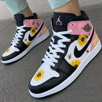 Custom AJ 1s Shoes Sunflower Bee Pattern Baby Pink Black