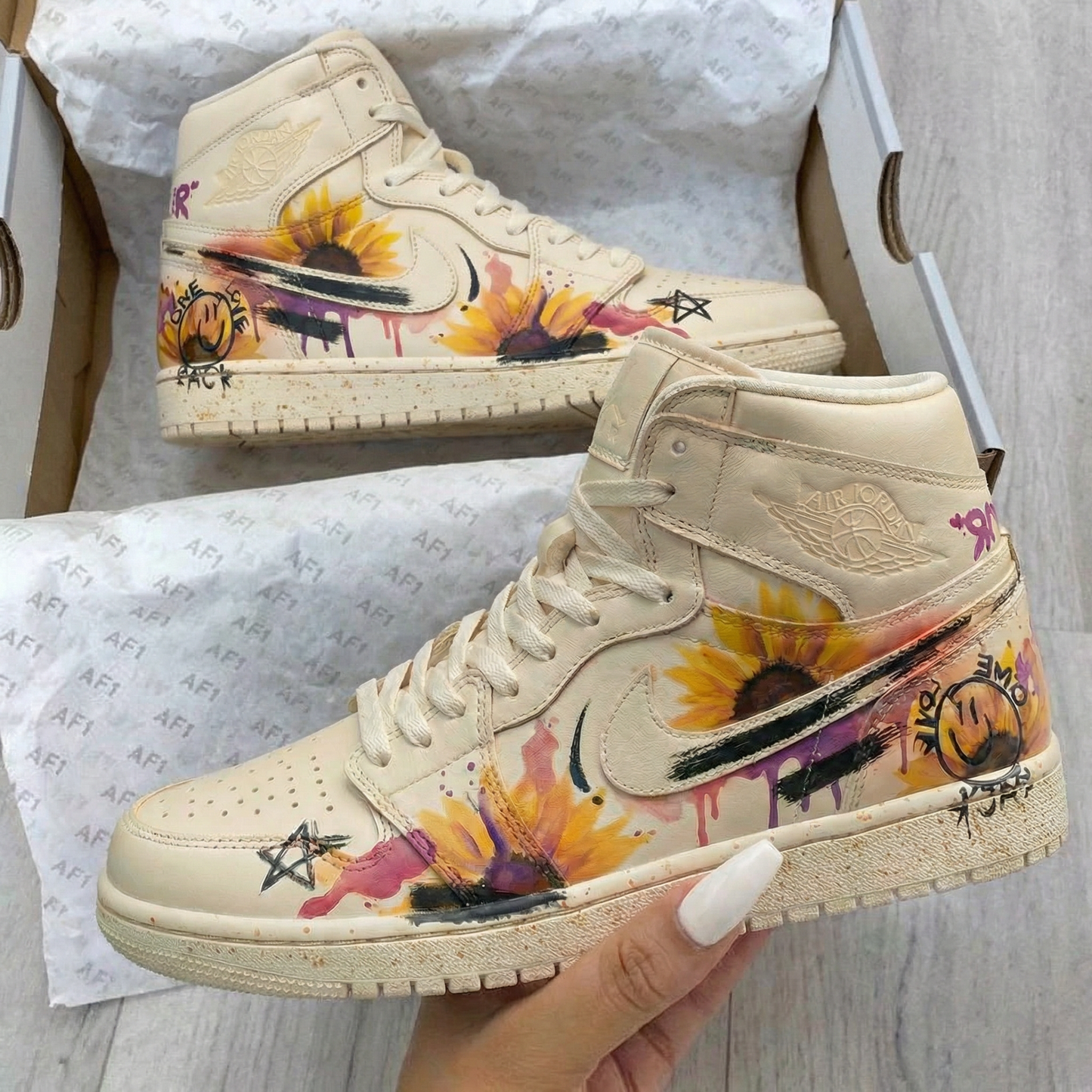 Custom AJ 1s Shoes Sunflower Pattern Yellow Purple