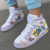 Custom AJ 1s Shoes Tom and Jerry Pattern Lilac Yellow