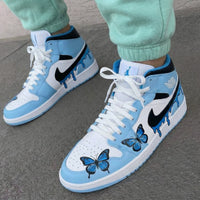 Custom AJ 1s Shoes with Butterflies Baby Blue and Black
