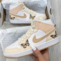 Custom AJ 1s Shoes with Butterflies Beige White