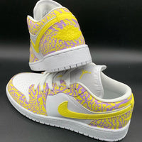 Custom AJ 1s Shoes with Crackle Pattern Yellow Purple