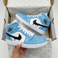 Custom AJ 1s Shoes with Paint - Splatter Design Baby Blue Black