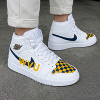 Custom AJ 1s Shoes WVU Text Checkerboard Pattern Navy Yellow