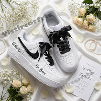 Custom Air Force 1 Handmade Personalized Wedding Shoes, Black Rhinestone Satin Bow Laces Custom Sneakers With Custom Name & Date For Bride Groom Wedding Gift