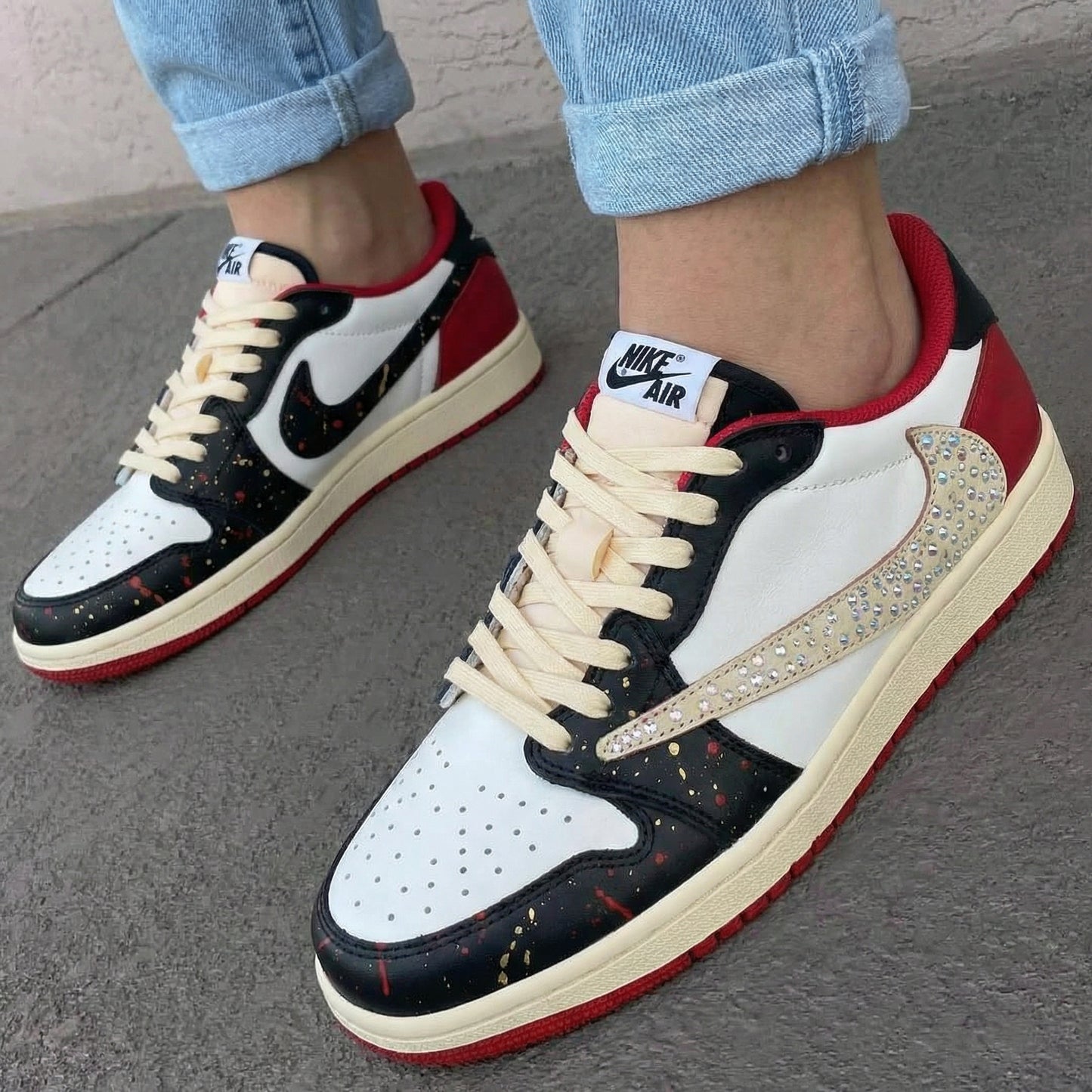 Travis Scott Custom AJ 1s Shoes Rhinestone Swoosh Cream Splatter Black Red