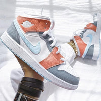 Custom Air Jordan 1 Mid Baby Blue Swoosh Orange Grey