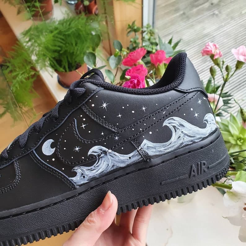 White Ocean Wave Hand-painted Custom Black Air Force 1