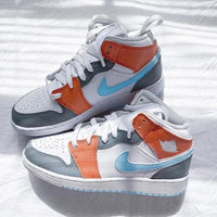Custom Air Jordan 1 Mid Baby Blue Swoosh Orange Grey