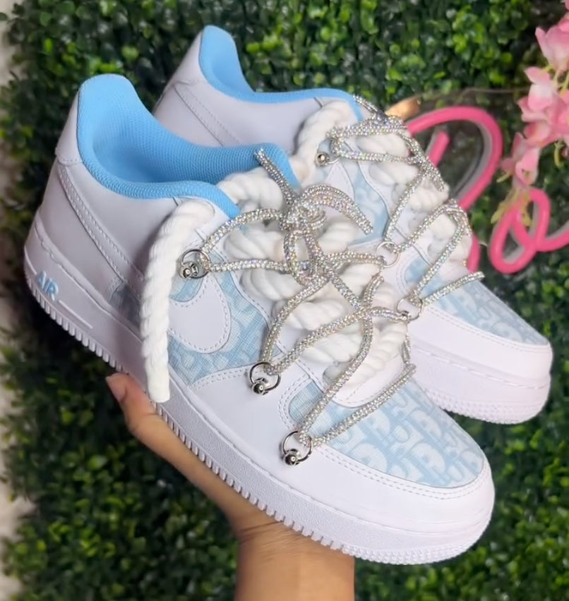 Custom Hand Painted Light Blue Rhinestone Air Force 1