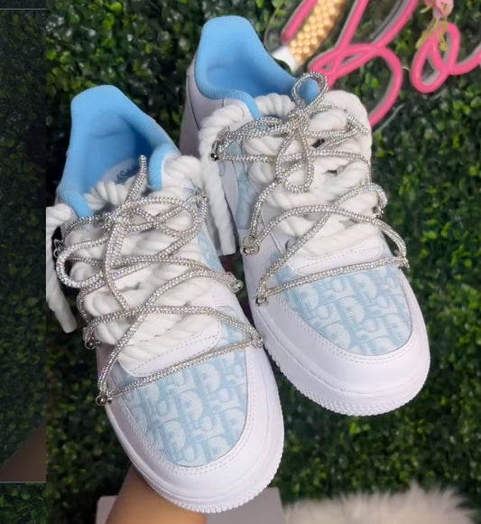Custom Hand Painted Light Blue Rhinestone Air Force 1