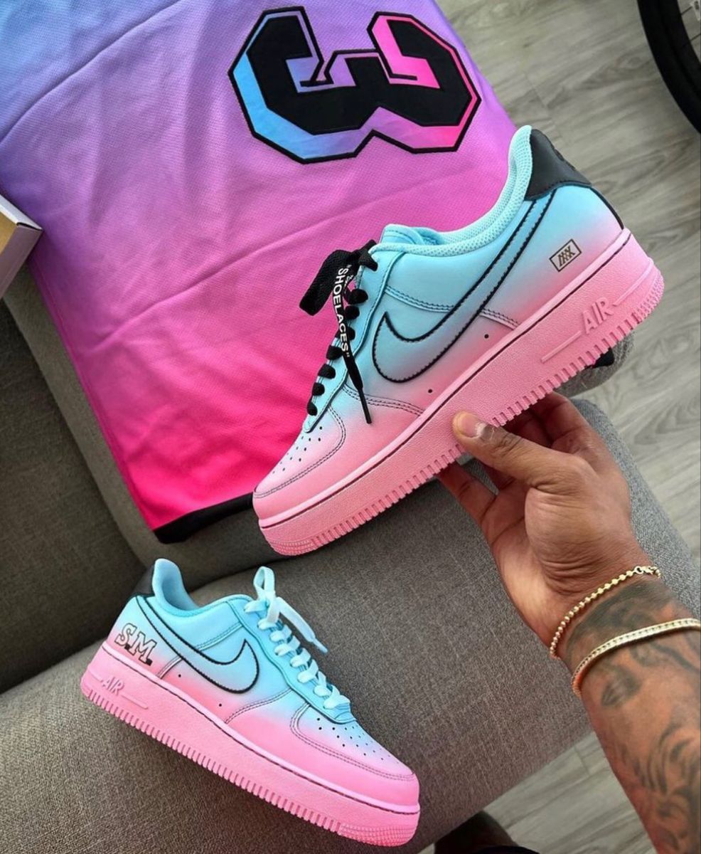 Custom Hand Painted Blue Pink Gradient Air Force 1 Sneakers