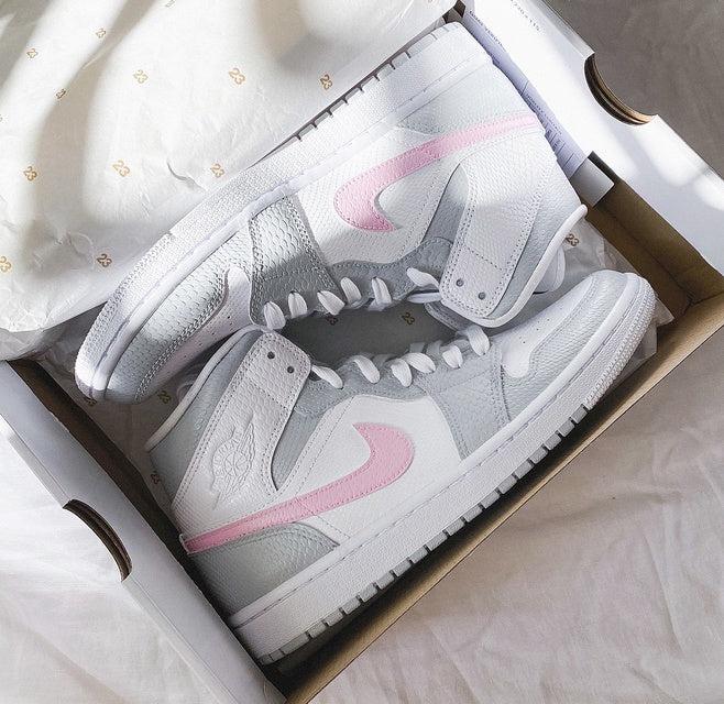 Custom Jordans Grey White Pink Swoosh