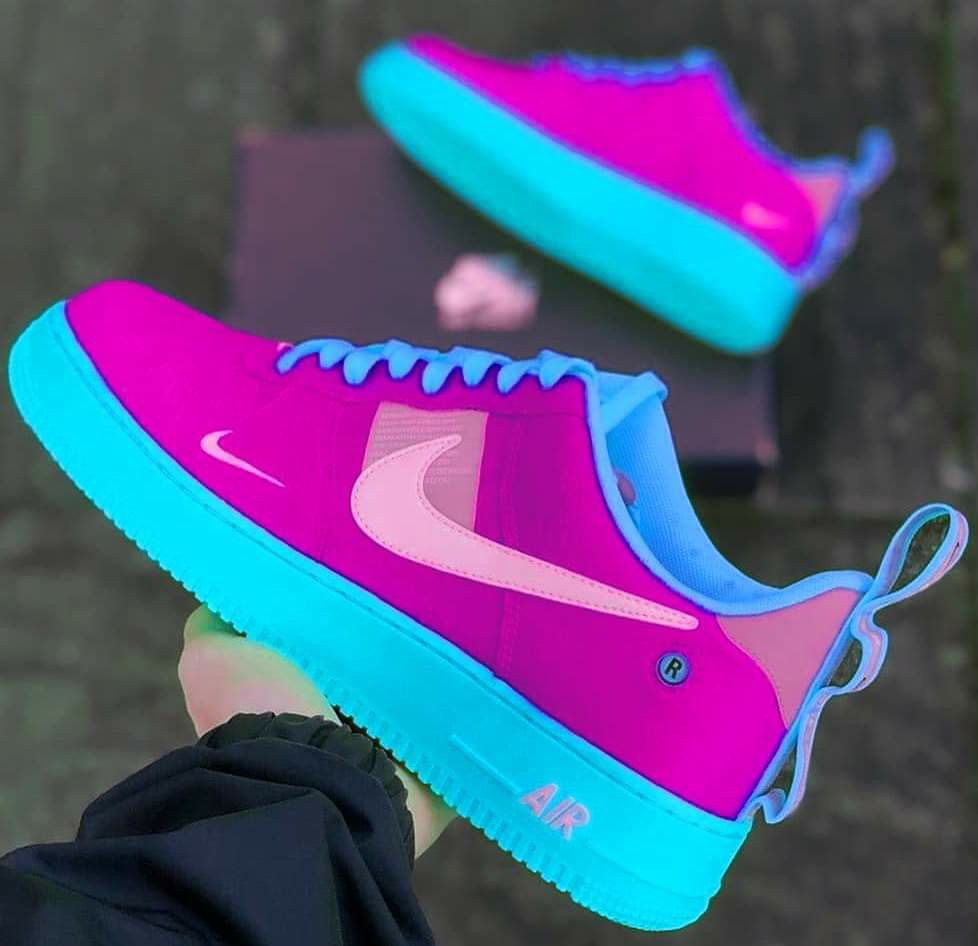 Hand Painted Neon Pink & Blue Custom Air Force 1 Sneakers