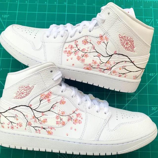 Custom Jordans Pink Flowers Brown Branches White