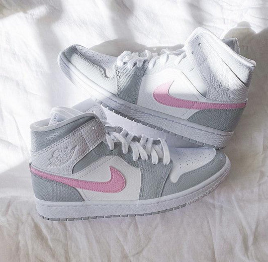 Custom Jordans Grey White Pink Swoosh
