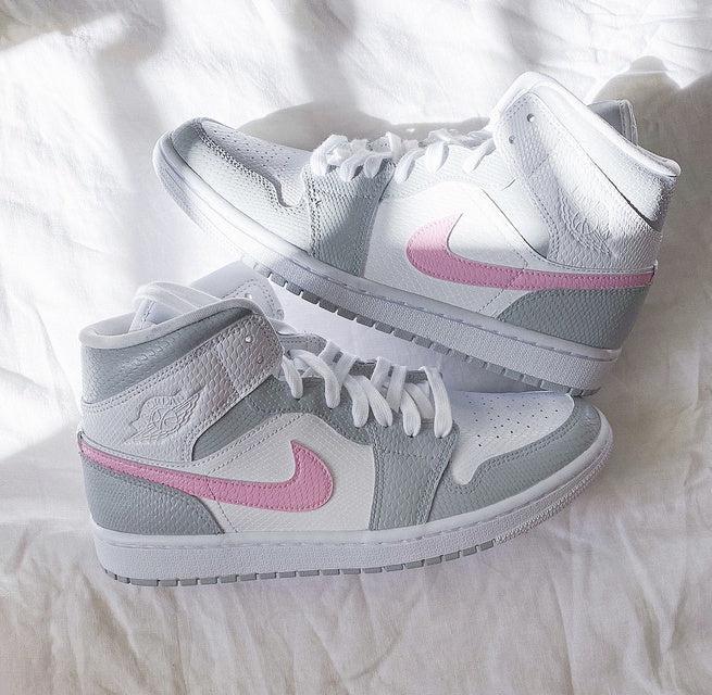 Custom Jordans Grey White Pink Swoosh