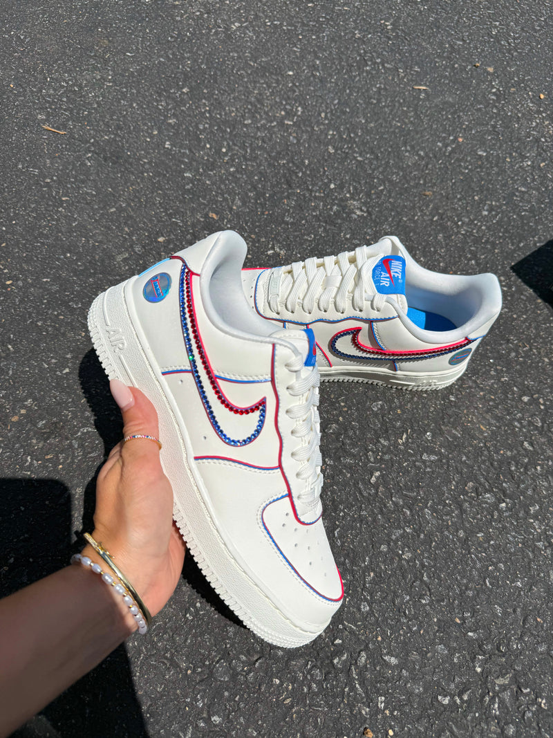 Custom Hand Painted Red Blue Rhinestone Air Force 1 Sneakers