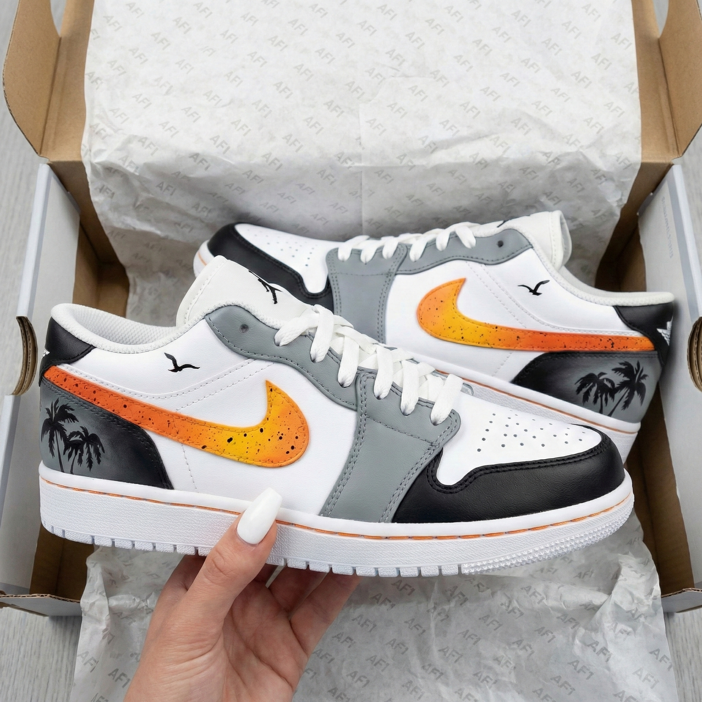 Custom AJ 1s Shoes Palm Trees Seagulls Orange Yellow Gradient Gray Black