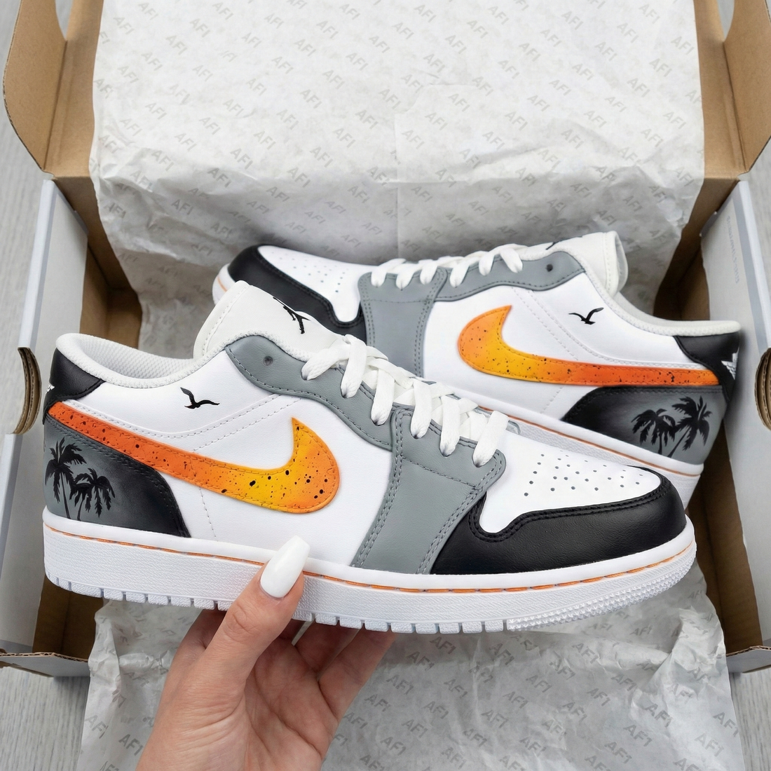 Custom AJ 1s Shoes Palm Trees Seagulls Orange Yellow Gradient Gray Black