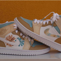 Custom Jordans Brown Blue Hand Drawn Flowers