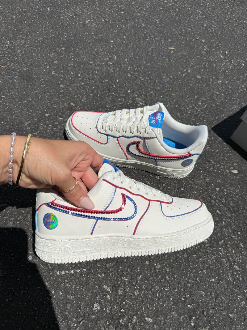 Custom Hand Painted Red Blue Rhinestone Air Force 1 Sneakers