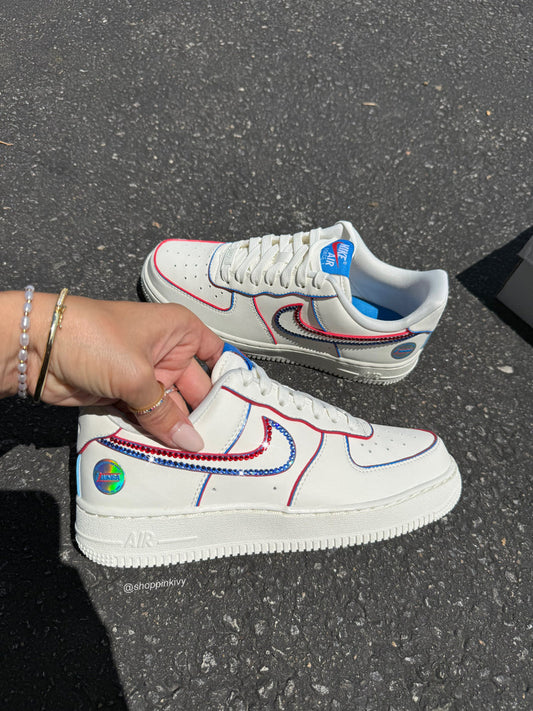 Custom Hand Painted Red Blue Rhinestone Air Force 1 Sneakers