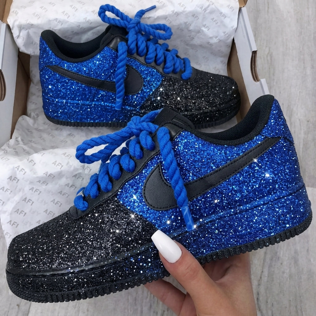 Custom Air Force 1 Shoes Blue Black Sparkle Sneakers