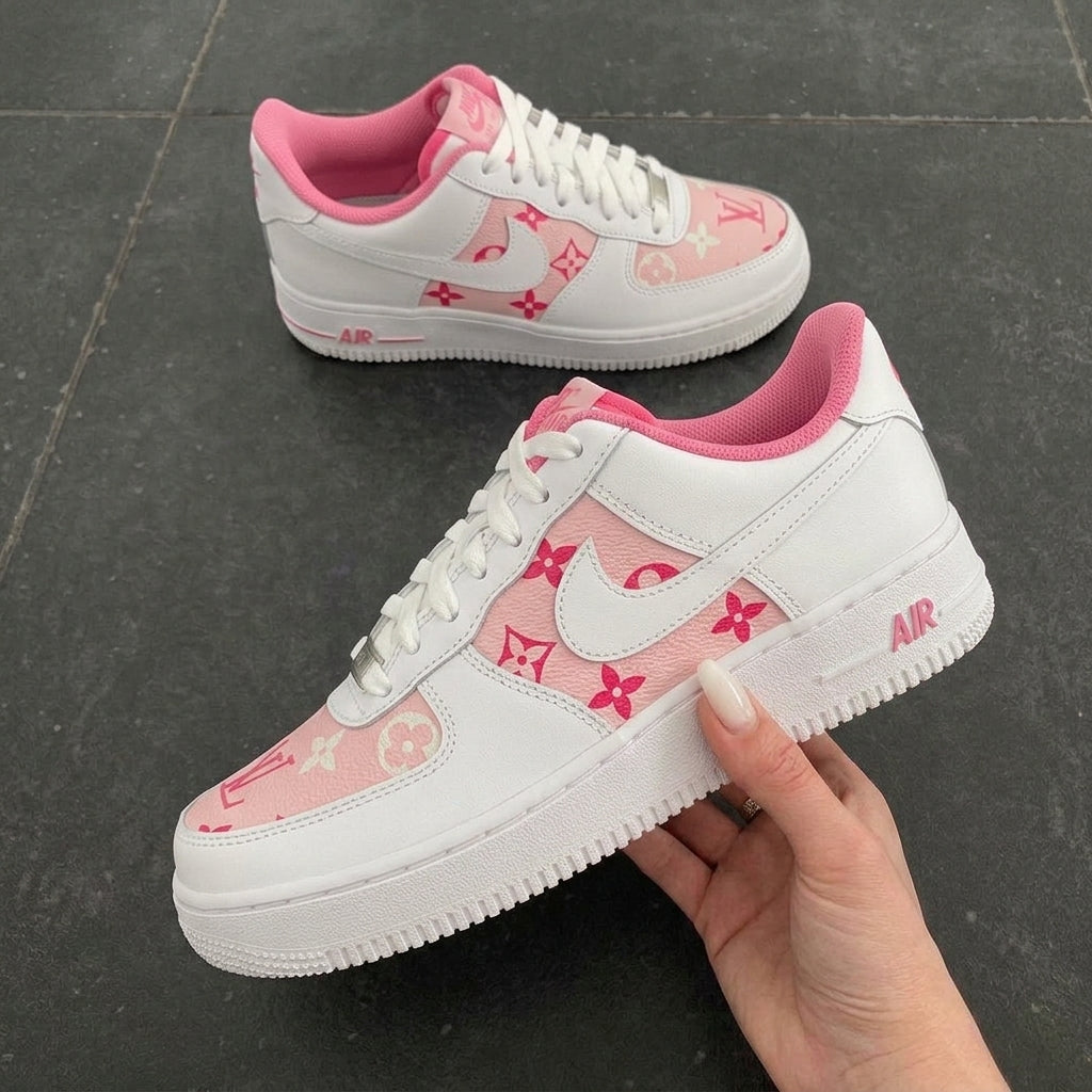 Custom Hand Painted White Pink LV Air Force 1 Sneakers