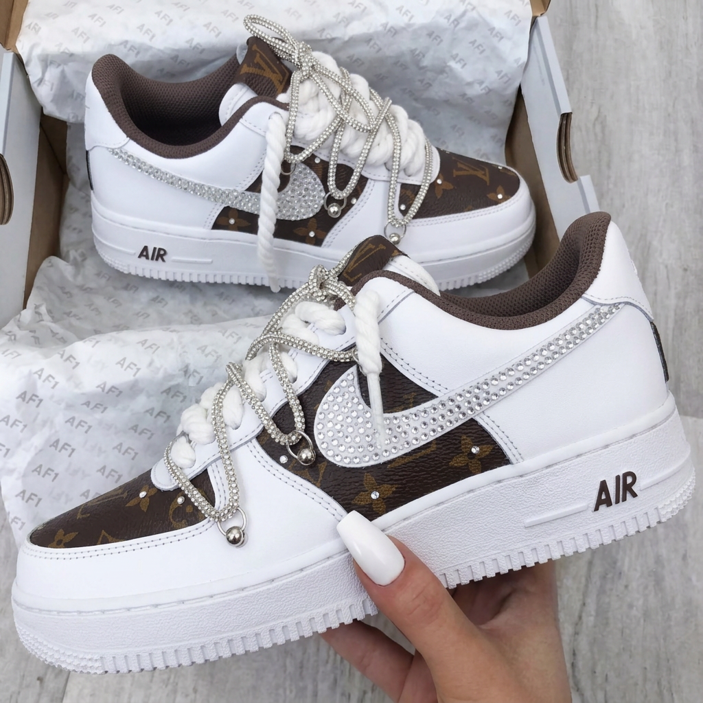 LV Inspired Brown White Rhinestone Custom Air Force 1 Sneakers