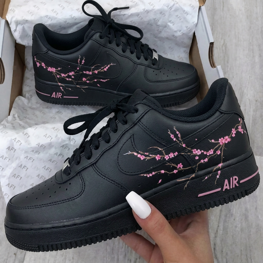 Hand Painted Black Pink Cherry Blossoms Custom Air Force 1 Sneakers