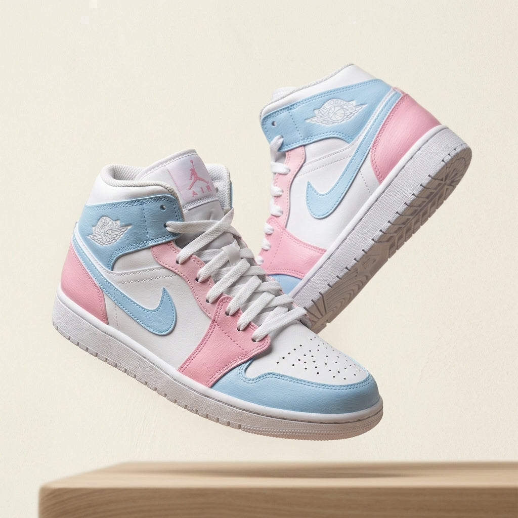 Hand Painted Pink Blue Custom Air Jordan 1 Mid Sneakers