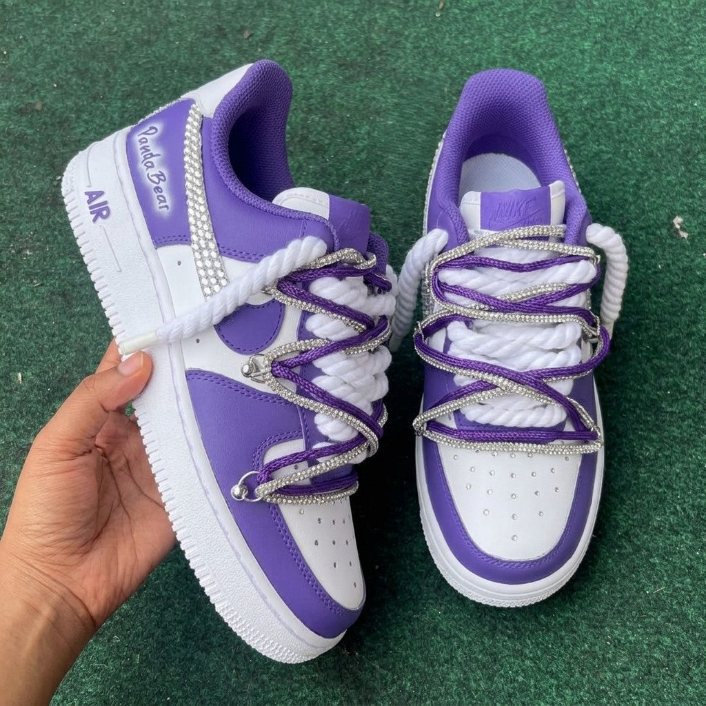 Purple white rhinestone custom Air Force 1 sneakers with rope laces and crystal lace overlay