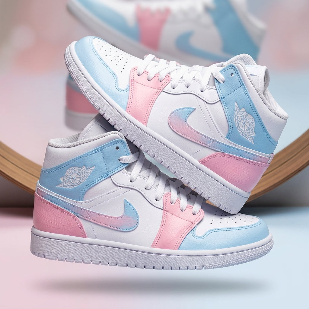Hand Painted Pink Blue Custom Air Jordan 1 Mid Sneakers