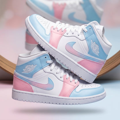 Hand Painted Pastel Pink Blue Air Jordan 1 Mid Sneakers