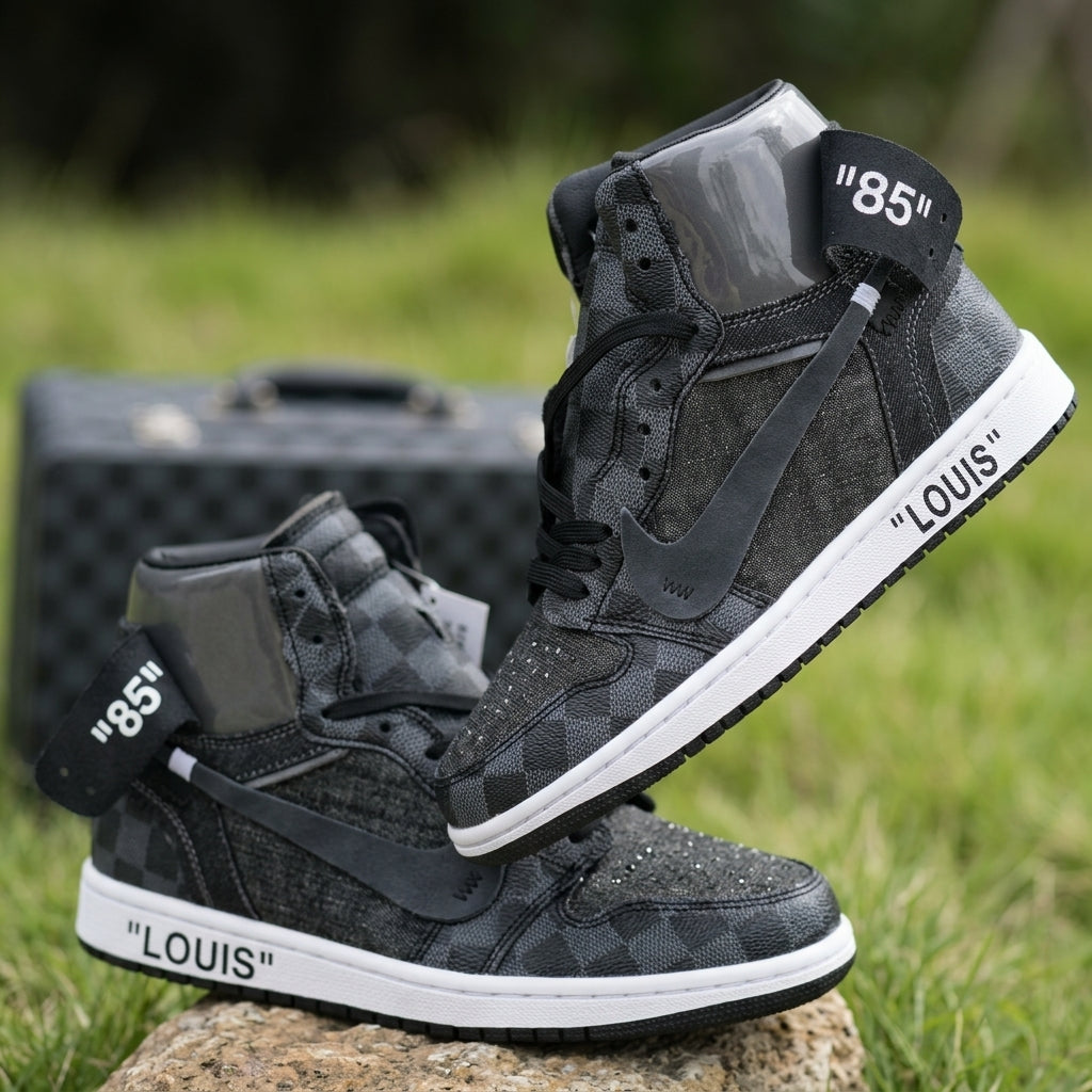 Hand Painted Black Checkered Custom High Top Sneakers