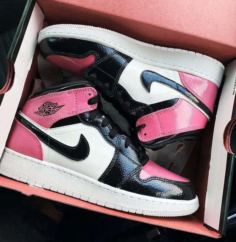 Custom Jordans Black Pink White Glossy Material