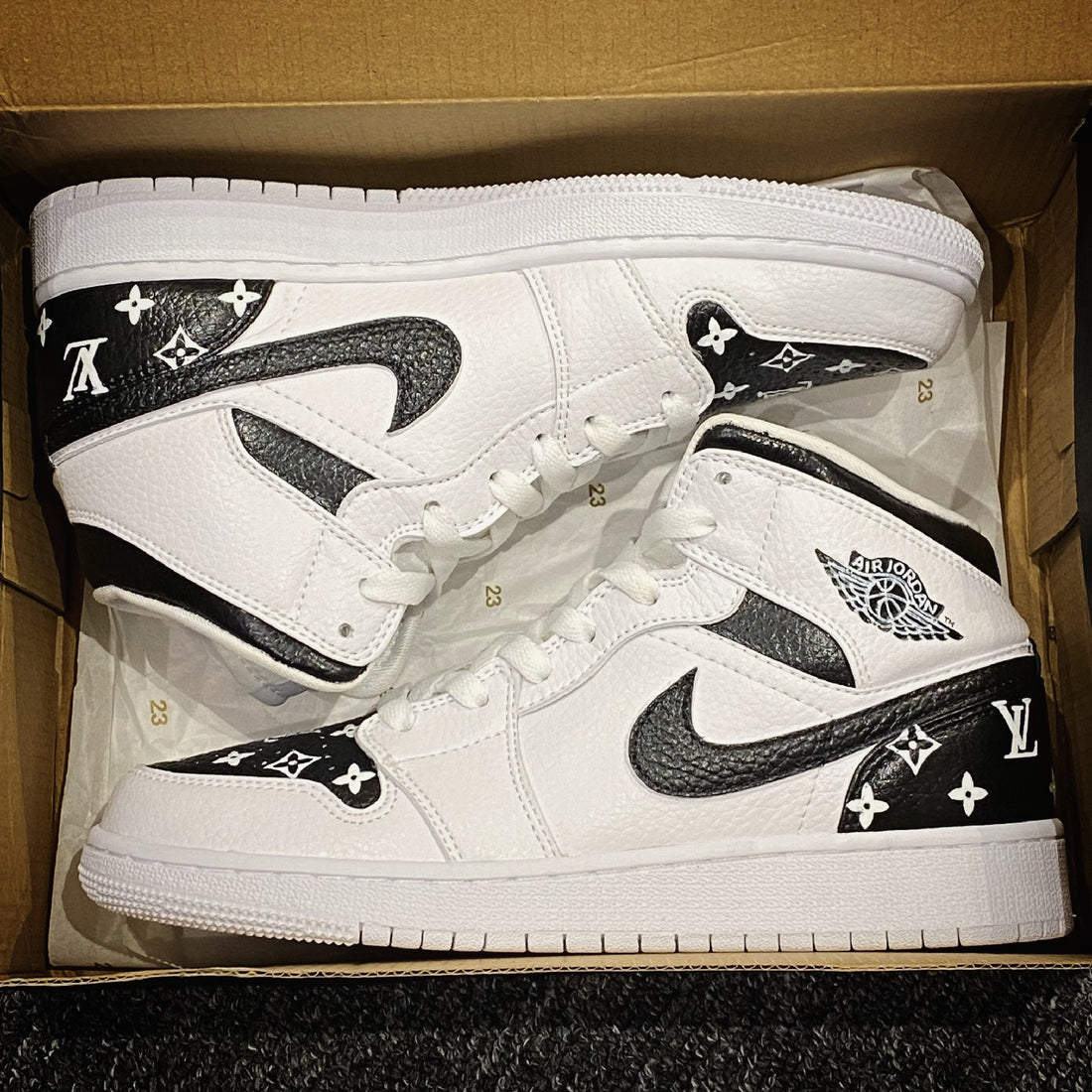 Custom Jordans White Black LV Logo